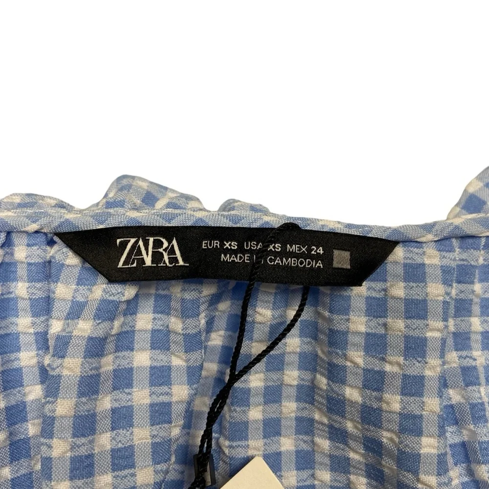 NWT ZARA Blue White Gingham Coquette Long Puff Sleeves Crop Top NWT XS